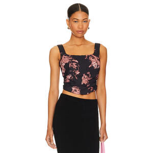 Revolve Simon satin Top MORE TO COME black pink floral size S NWT